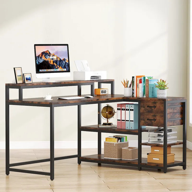 Modern L Shaped Computer Desk with Drawer and storage shelf