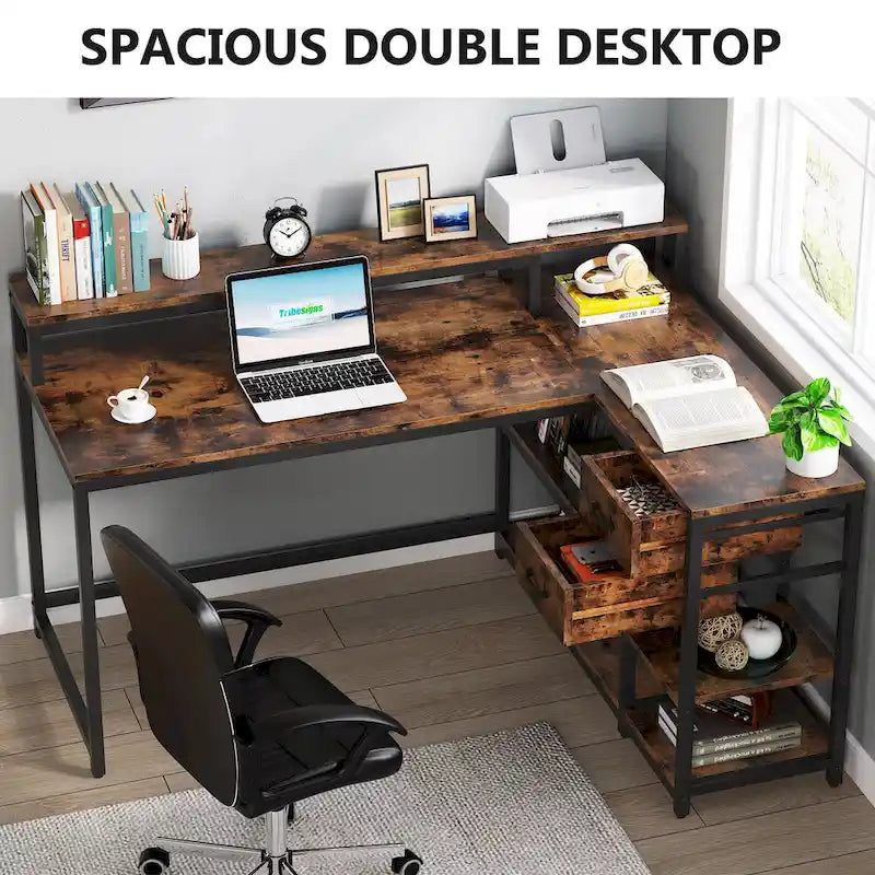 Modern L Shaped Computer Desk with Drawer and storage shelf