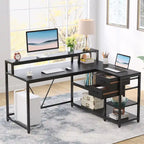 Modern L Shaped Computer Desk with Drawer and storage shelf