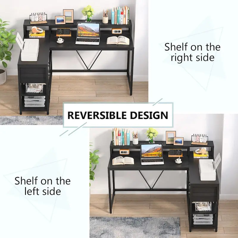 Modern L Shaped Computer Desk with Drawer and storage shelf
