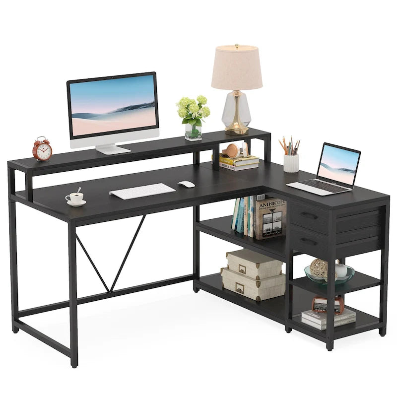 Modern L Shaped Computer Desk with Drawer and storage shelf
