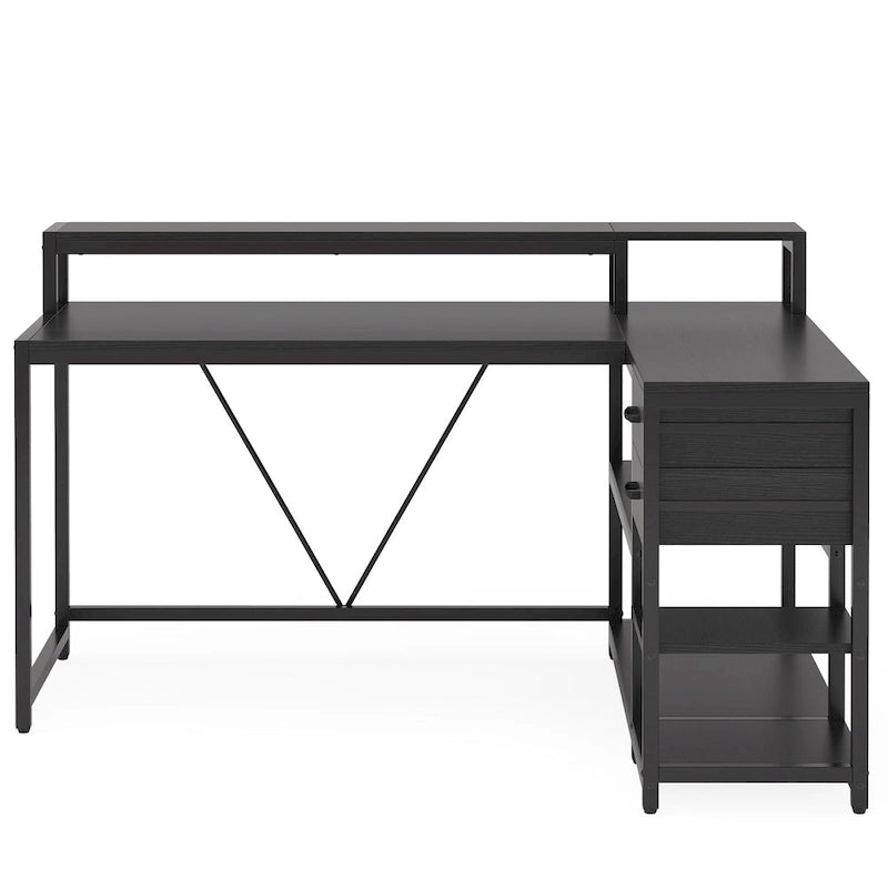 Modern L Shaped Computer Desk with Drawer and storage shelf