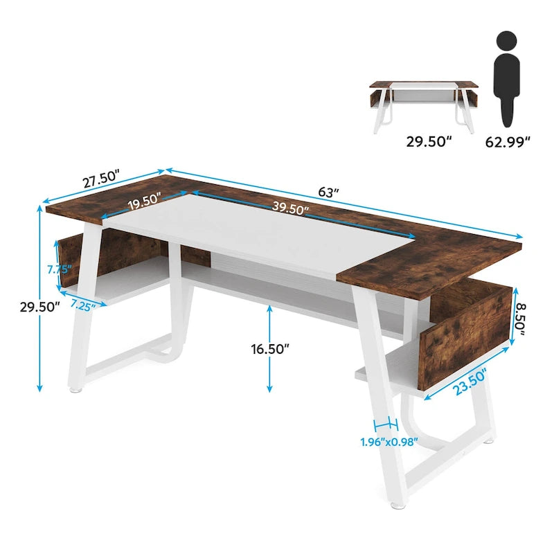63 inch Large Executive Desk Office Desk with Storage Shelf for Home Office, Rustic Brown Black