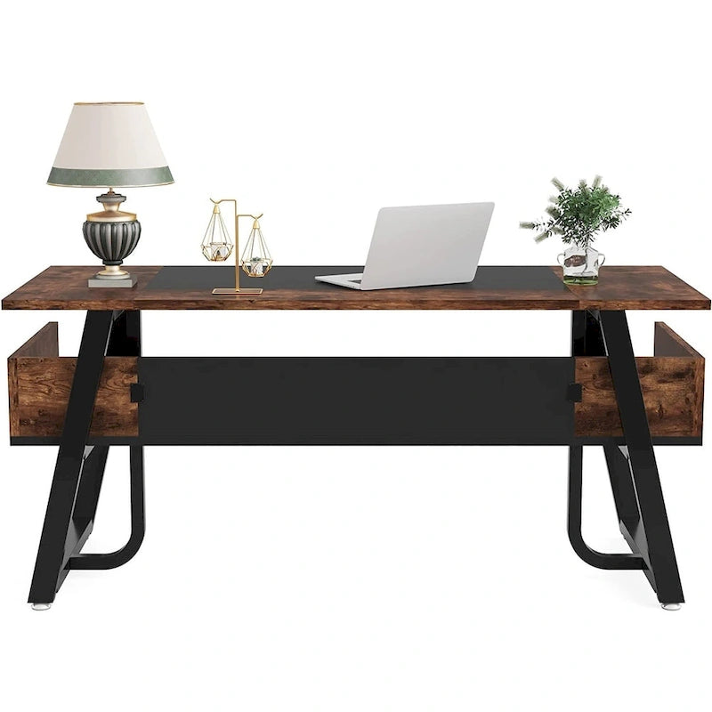 63 inch Large Executive Desk Office Desk with Storage Shelf for Home Office, Rustic Brown Black