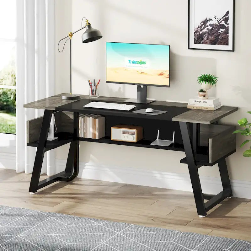 63 inch Large Executive Desk Office Desk with Storage Shelf for Home Office, Rustic Brown Black
