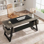 63 inch Large Executive Desk Office Desk with Storage Shelf for Home Office, Rustic Brown Black