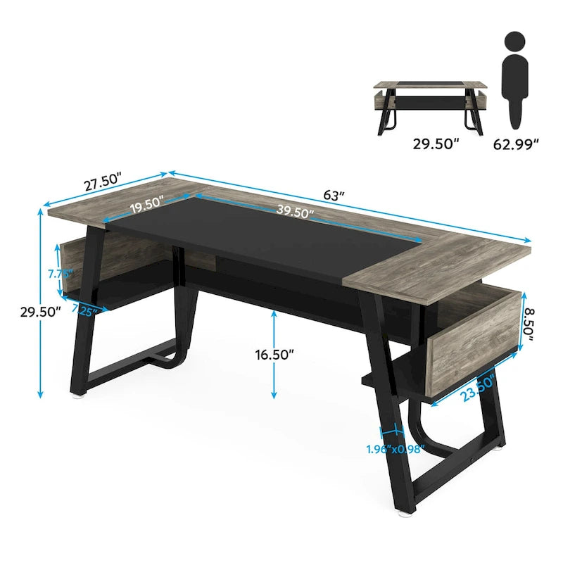 63 inch Large Executive Desk Office Desk with Storage Shelf for Home Office, Rustic Brown Black