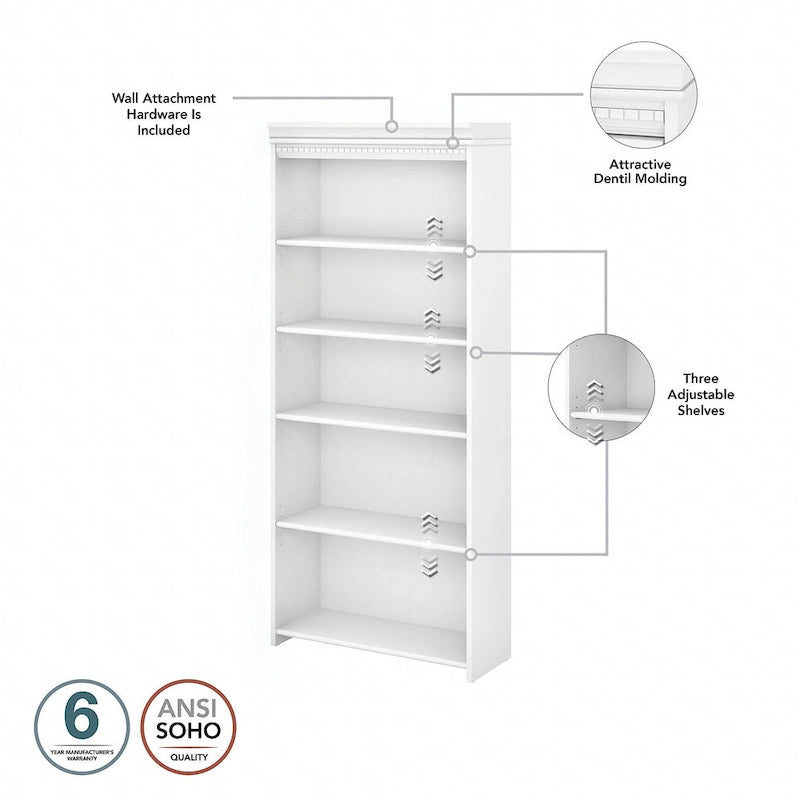 Fairview Antique White 5-shelf Bookcase - Antique - 29.57 L x 12.09 W x 68.94 H