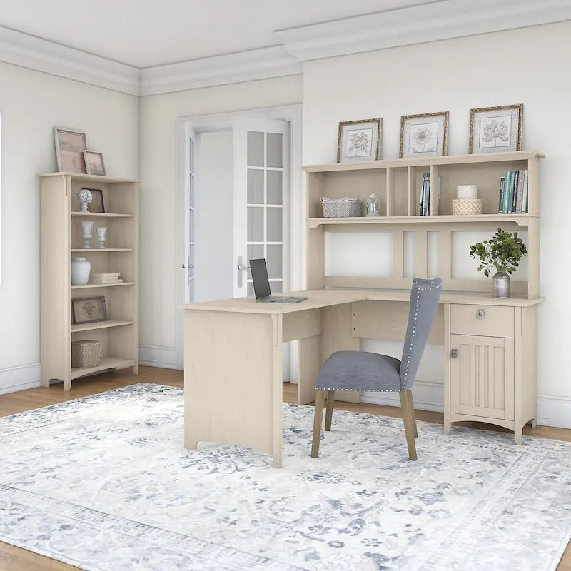 Salinas 60W L Shaped Desk with Hutch and 5 Shelf Bookcase in White