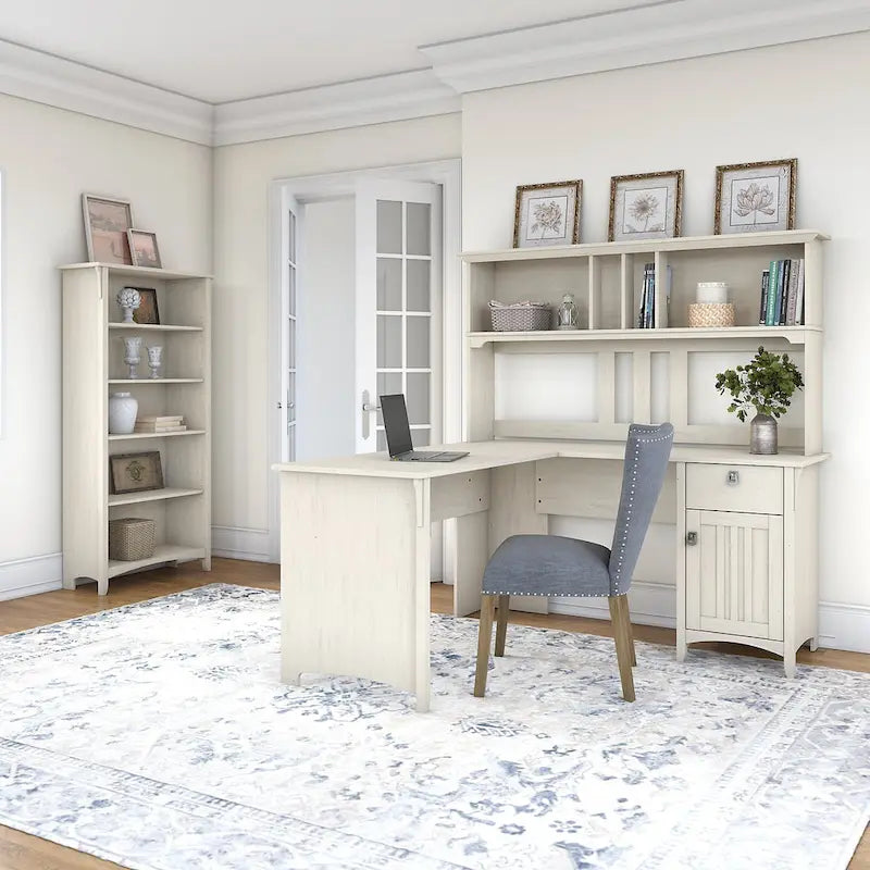 Salinas 60W L Shaped Desk with Hutch and 5 Shelf Bookcase in White