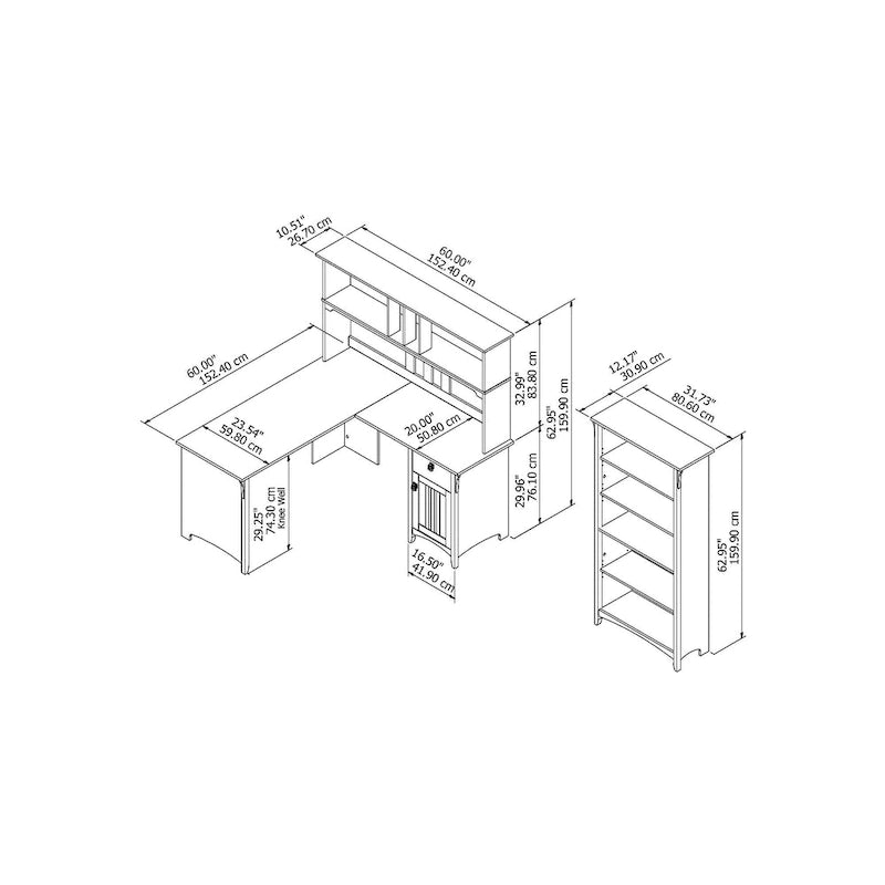 Salinas 60W L Shaped Desk with Hutch and 5 Shelf Bookcase in White