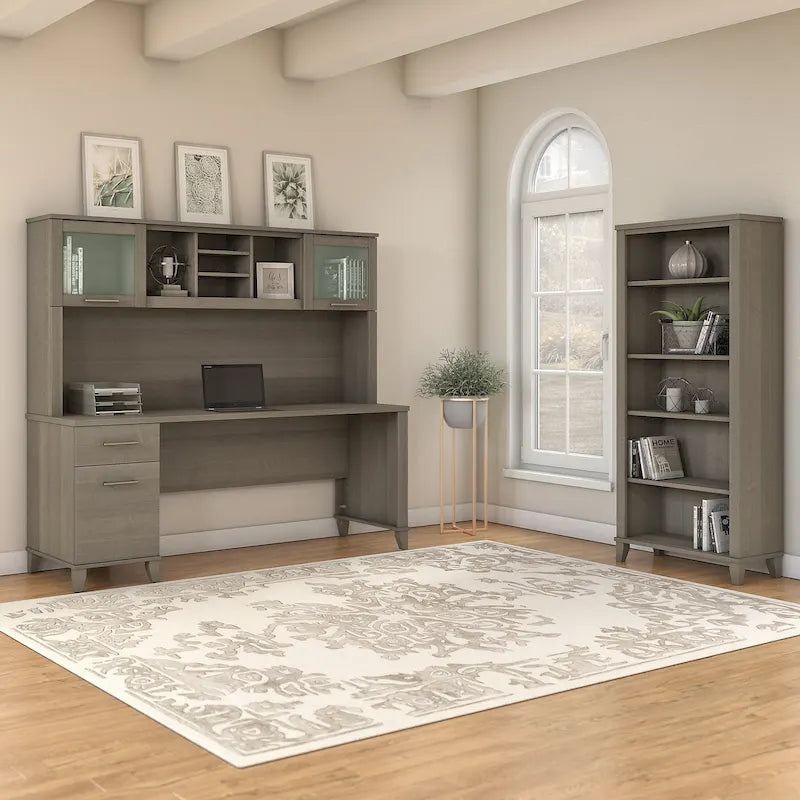Somerset 72W Office Desk with Hutch and 5 Shelf Bookcase in Ash Gray