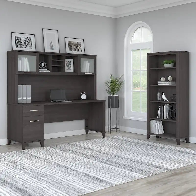 Somerset 72W Office Desk with Hutch and 5 Shelf Bookcase in Ash Gray