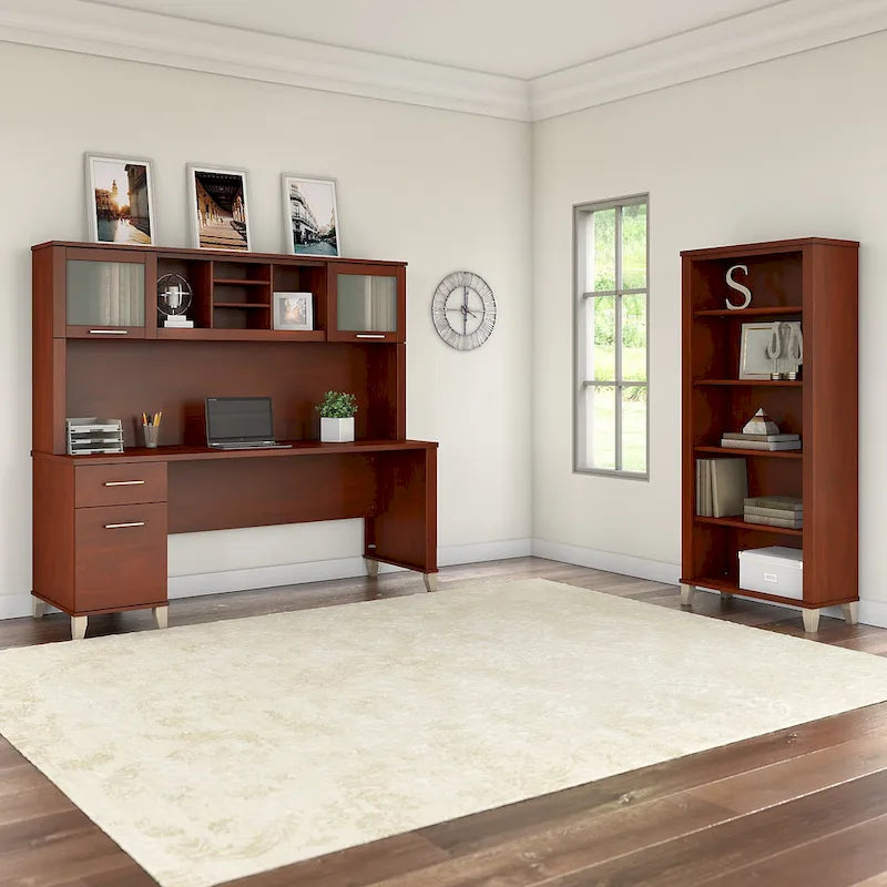 Somerset 72W Office Desk with Hutch and 5 Shelf Bookcase in Ash Gray