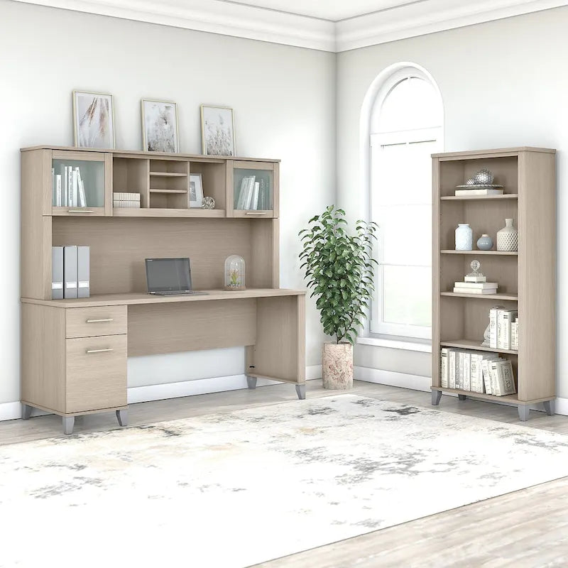 Somerset 72W Office Desk with Hutch and 5 Shelf Bookcase in Ash Gray