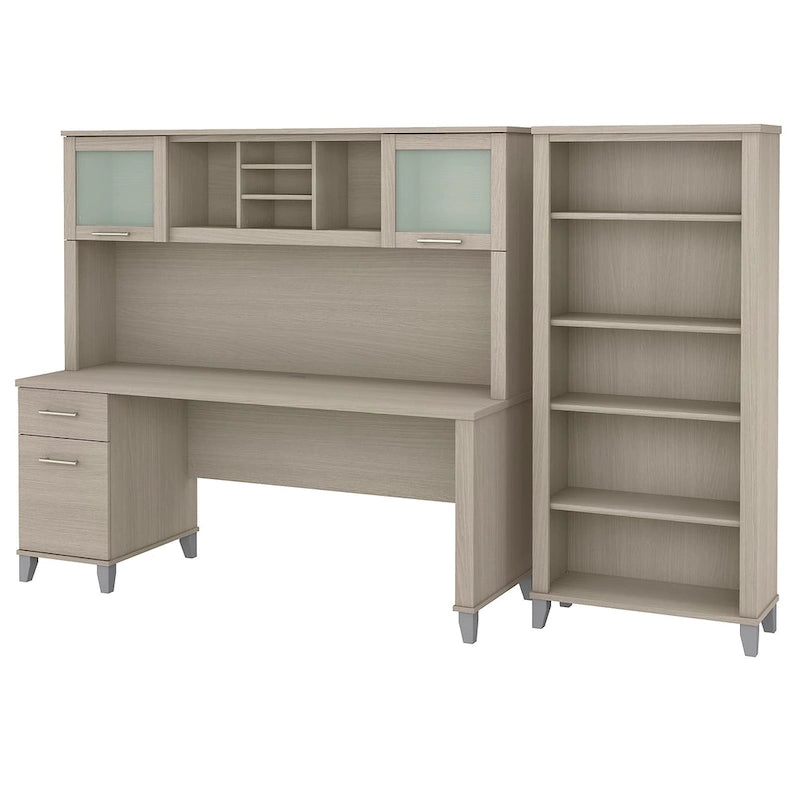 Somerset 72W Office Desk with Hutch and 5 Shelf Bookcase in Ash Gray