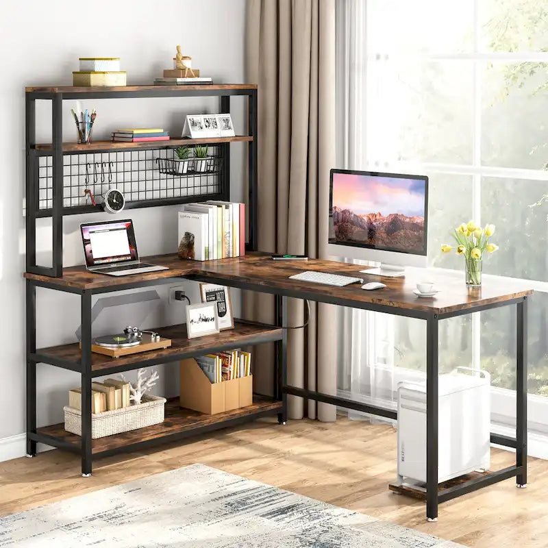 L-Shaped Computer Desk Reversible Corner Desk with Wireless Charging 9 Storage Shelves and Bookshelf for Home Office