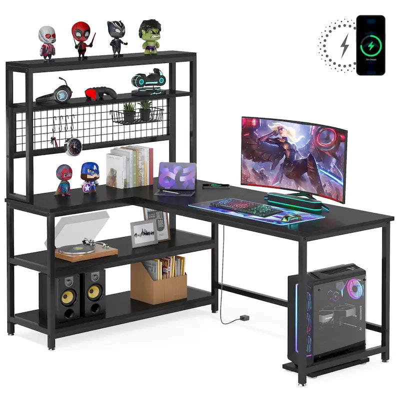 L-Shaped Computer Desk Reversible Corner Desk with Wireless Charging 9 Storage Shelves and Bookshelf for Home Office