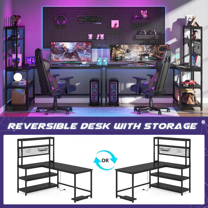 L-Shaped Computer Desk Reversible Corner Desk with Wireless Charging 9 Storage Shelves and Bookshelf for Home Office