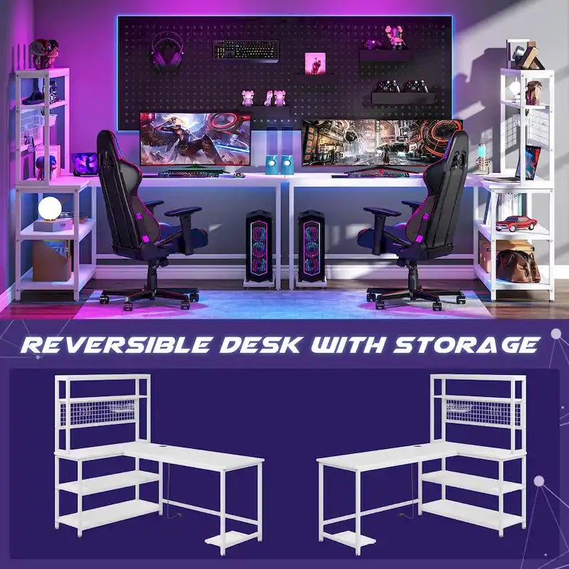 L-Shaped Computer Desk Reversible Corner Desk with Wireless Charging 9 Storage Shelves and Bookshelf for Home Office