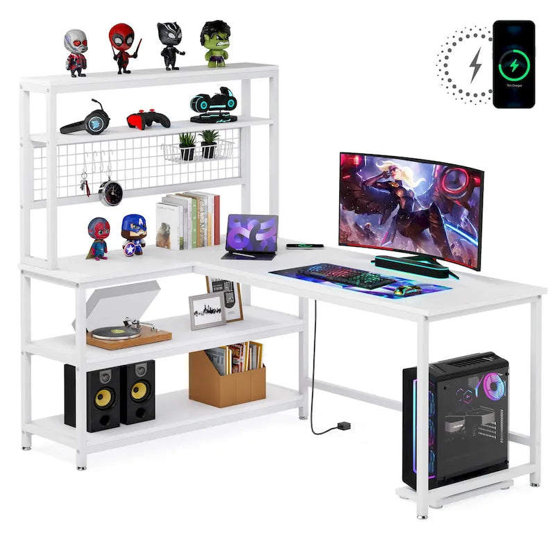 L-Shaped Computer Desk Reversible Corner Desk with Wireless Charging 9 Storage Shelves and Bookshelf for Home Office