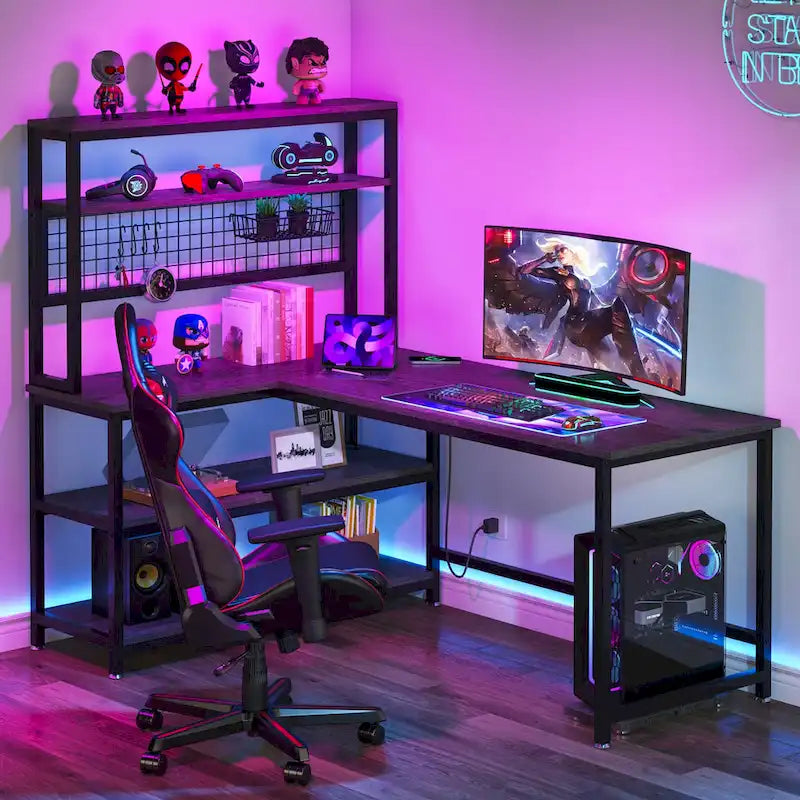 L-Shaped Computer Desk Reversible Corner Desk with Wireless Charging 9 Storage Shelves and Bookshelf for Home Office