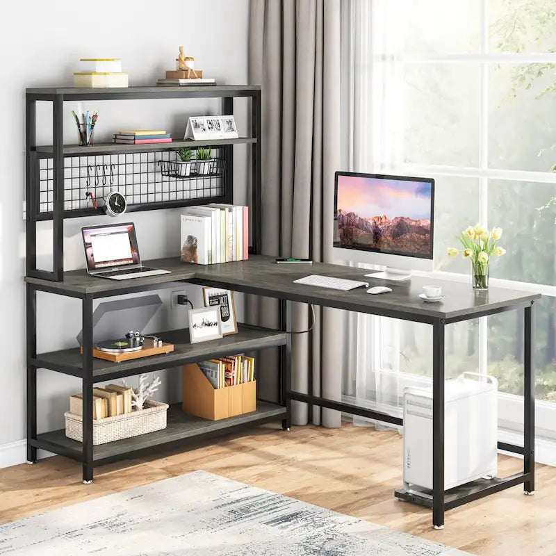 L-Shaped Computer Desk Reversible Corner Desk with Wireless Charging 9 Storage Shelves and Bookshelf for Home Office