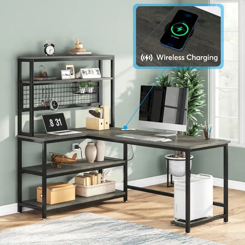L-Shaped Computer Desk Reversible Corner Desk with Wireless Charging 9 Storage Shelves and Bookshelf for Home Office