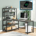L-Shaped Computer Desk Reversible Corner Desk with Wireless Charging 9 Storage Shelves and Bookshelf for Home Office