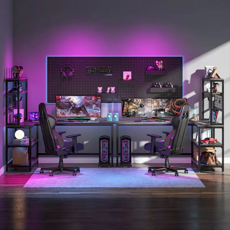 L-Shaped Computer Desk Reversible Corner Desk with Wireless Charging 9 Storage Shelves and Bookshelf for Home Office