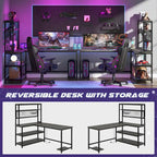 L-Shaped Computer Desk Reversible Corner Desk with Wireless Charging 9 Storage Shelves and Bookshelf for Home Office