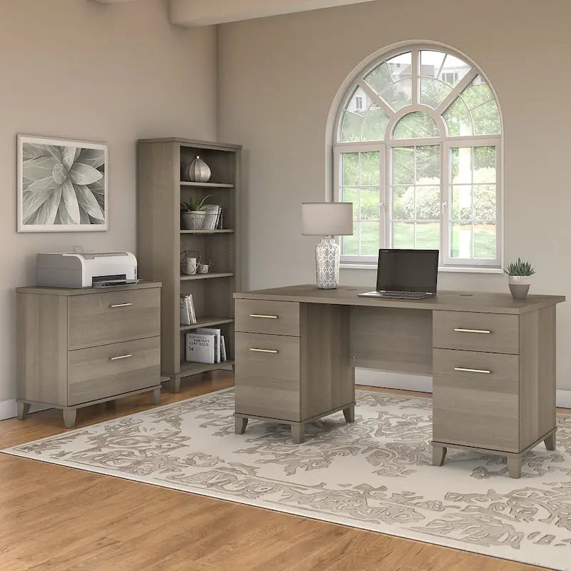 Somerset 60W Office Desk with Cabinet and 5 Shelf Bookcase