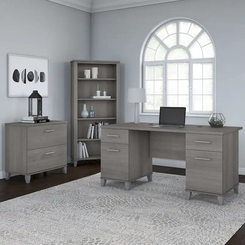 Somerset 60W Office Desk with Cabinet and 5 Shelf Bookcase
