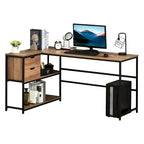 HOMCOM L-Shaped Home Office Writing Desk with Storage Shelf, Drawer, Brown