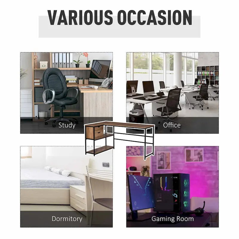 HOMCOM L-Shaped Home Office Writing Desk with Storage Shelf, Drawer, Brown