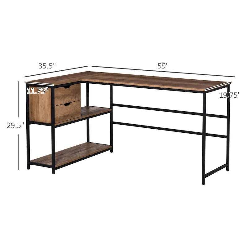 HOMCOM L-Shaped Home Office Writing Desk with Storage Shelf, Drawer, Brown