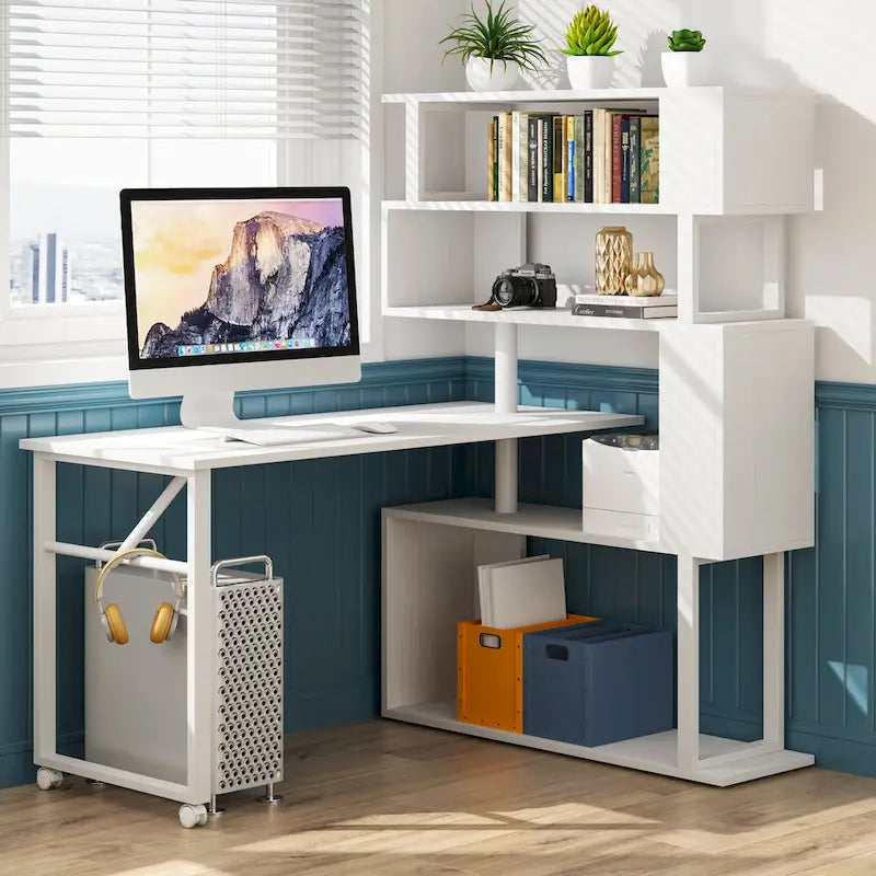 L-Shaped Rotating Computer Desk with 5 Shelves Bookshelf