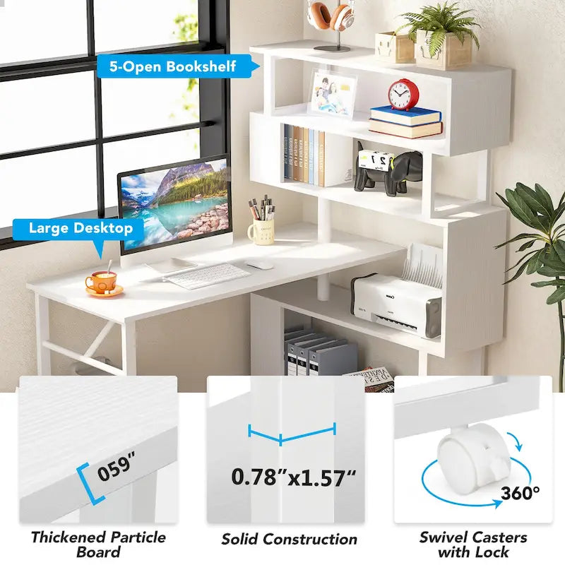L-Shaped Rotating Computer Desk with 5 Shelves Bookshelf