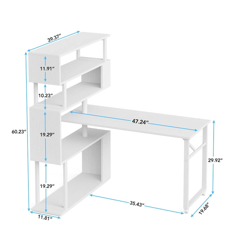 L-Shaped Rotating Computer Desk with 5 Shelves Bookshelf