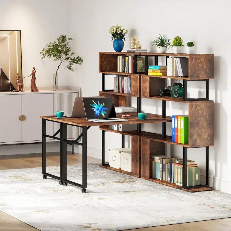 L-Shaped Rotating Computer Desk with 5 Shelves Bookshelf