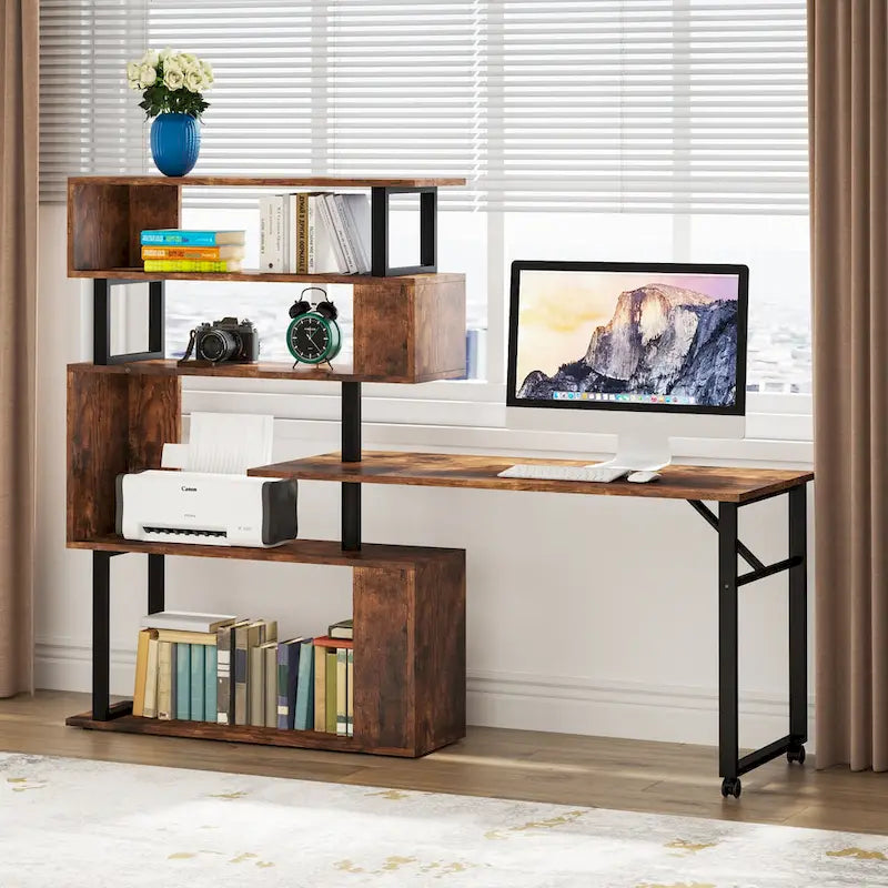 L-Shaped Rotating Computer Desk with 5 Shelves Bookshelf