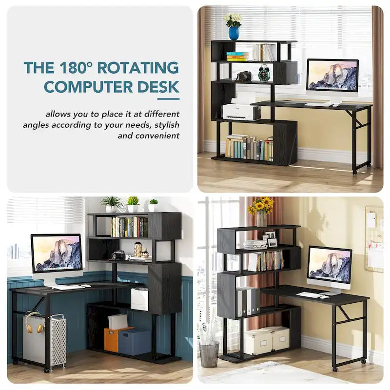 L-Shaped Rotating Computer Desk with 5 Shelves Bookshelf
