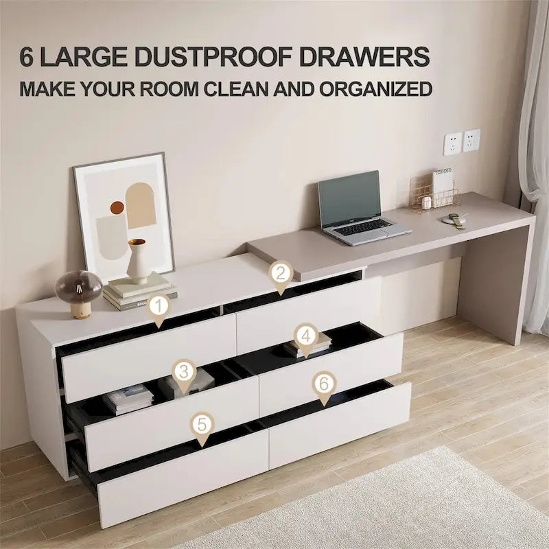 97.63  Modern Home Office Expandable Dresser Desk Combo with 6 Drawers