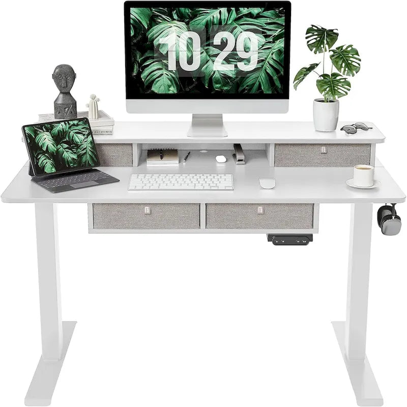 FEZIBO Sturdy Height Adjustable Electric Standing Desk with Drawers, Stand Up Table with Large Storage Shelf, Sit Stand Desk