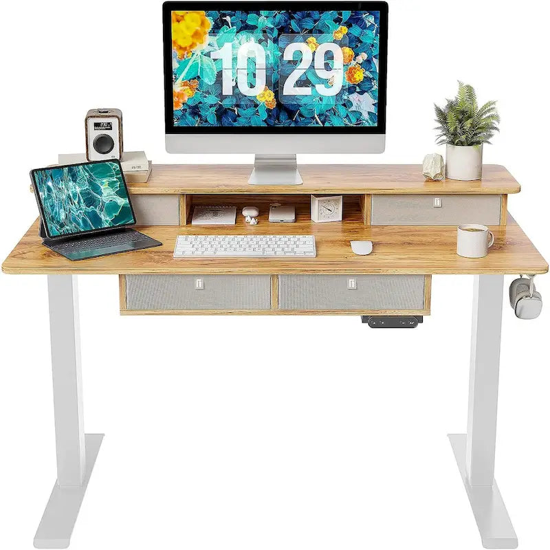 FEZIBO Sturdy Height Adjustable Electric Standing Desk with Drawers, Stand Up Table with Large Storage Shelf, Sit Stand Desk