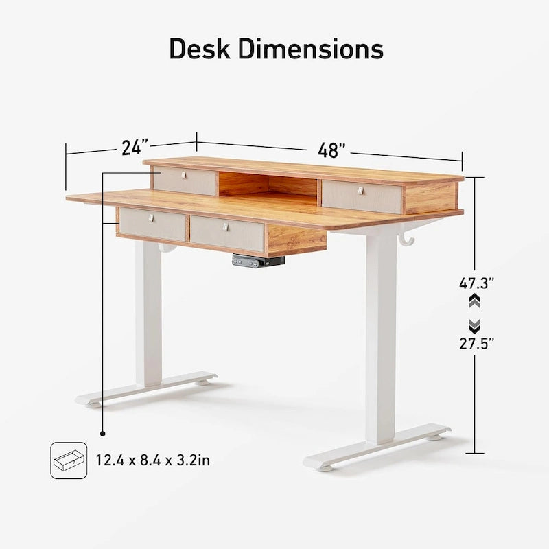 FEZIBO Sturdy Height Adjustable Electric Standing Desk with Drawers, Stand Up Table with Large Storage Shelf, Sit Stand Desk