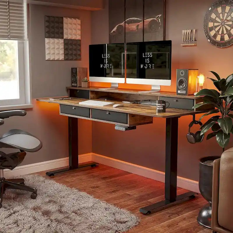 FEZIBO Sturdy Height Adjustable Electric Standing Desk with Drawers, Stand Up Table with Large Storage Shelf, Sit Stand Desk