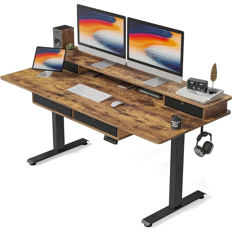 FEZIBO Sturdy Height Adjustable Electric Standing Desk with Drawers, Stand Up Table with Large Storage Shelf, Sit Stand Desk