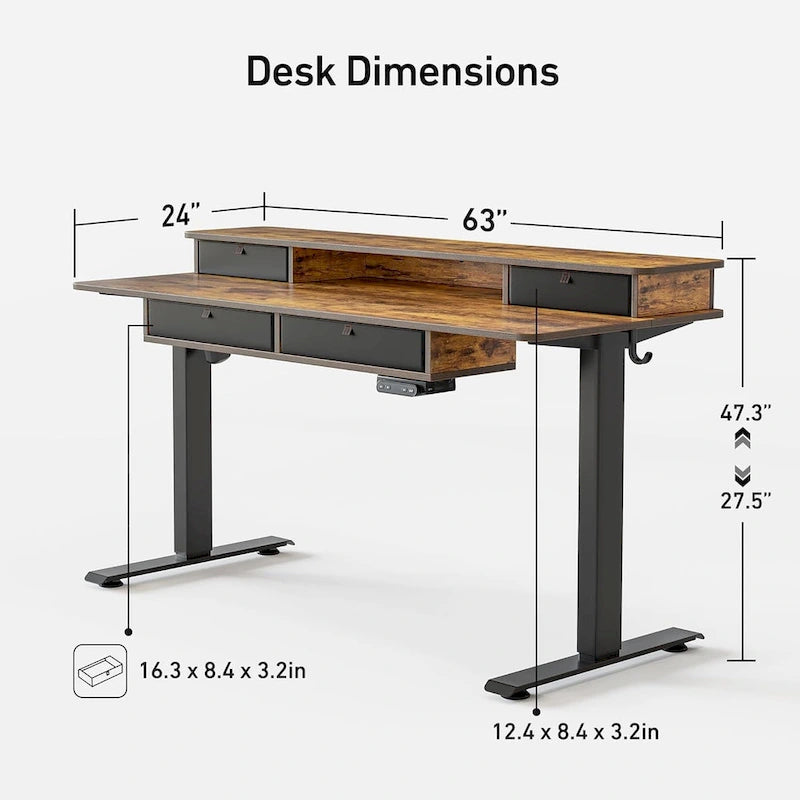 FEZIBO Sturdy Height Adjustable Electric Standing Desk with Drawers, Stand Up Table with Large Storage Shelf, Sit Stand Desk