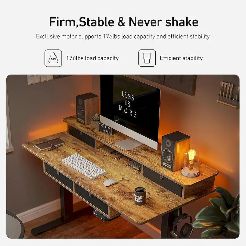 FEZIBO Sturdy Height Adjustable Electric Standing Desk with Drawers, Stand Up Table with Large Storage Shelf, Sit Stand Desk